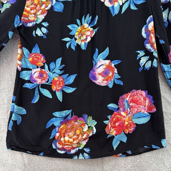 Maeve Top Women 4 Black Red Floral V-Neck Collared 3/4 Sleeves Button Up Casual - Picture 8 of 13